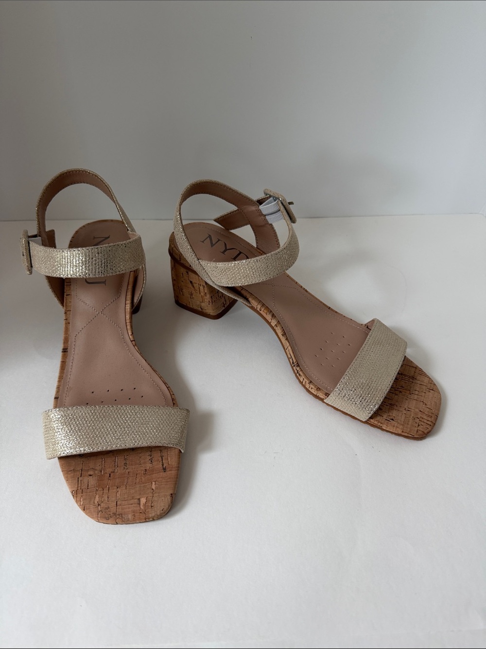 NYDJ Gaiana Gold Metallic Cork Block Heel Sandals